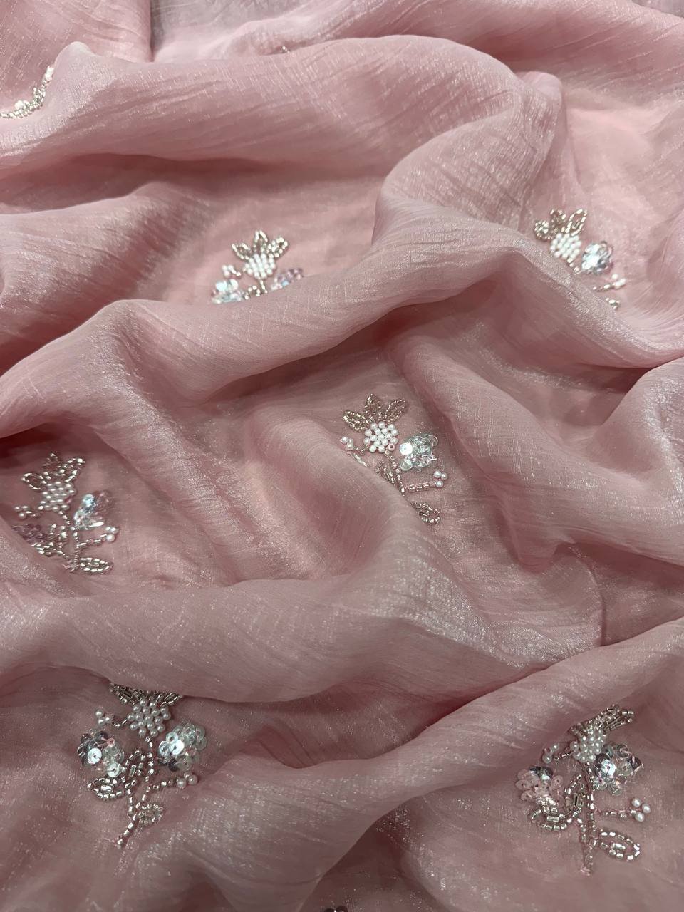 Women's Soft Pink Organza Saree with Delicate Pearl & Sequin Floral Embroidery β Lightweight Sheer Drape for Festive, Wedding & Party Wear - Image 3